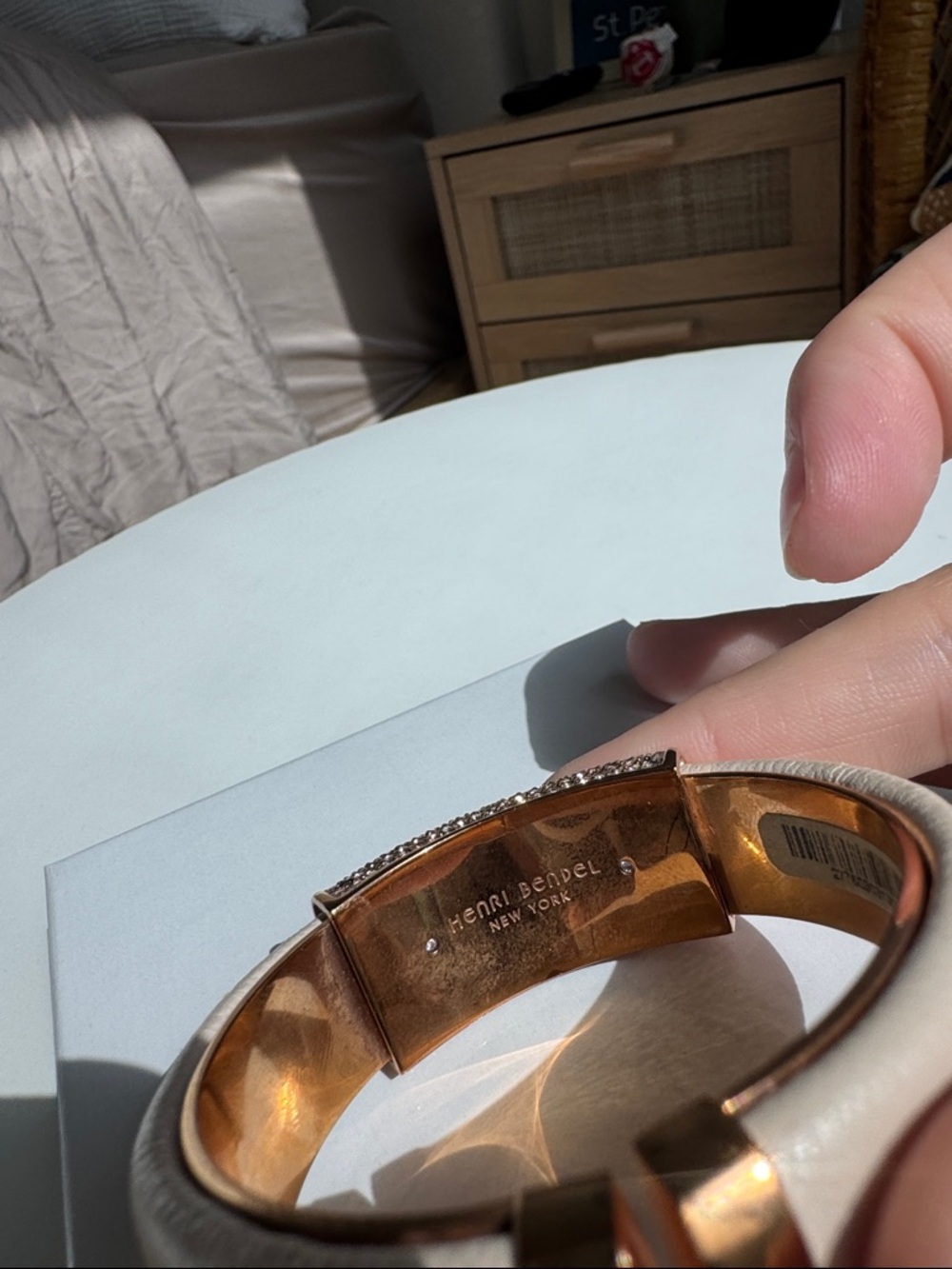 Henri Bendel Crystal Cuff Bracelet Leather Gold Tone Statement Bangle - Picture 6 of 8